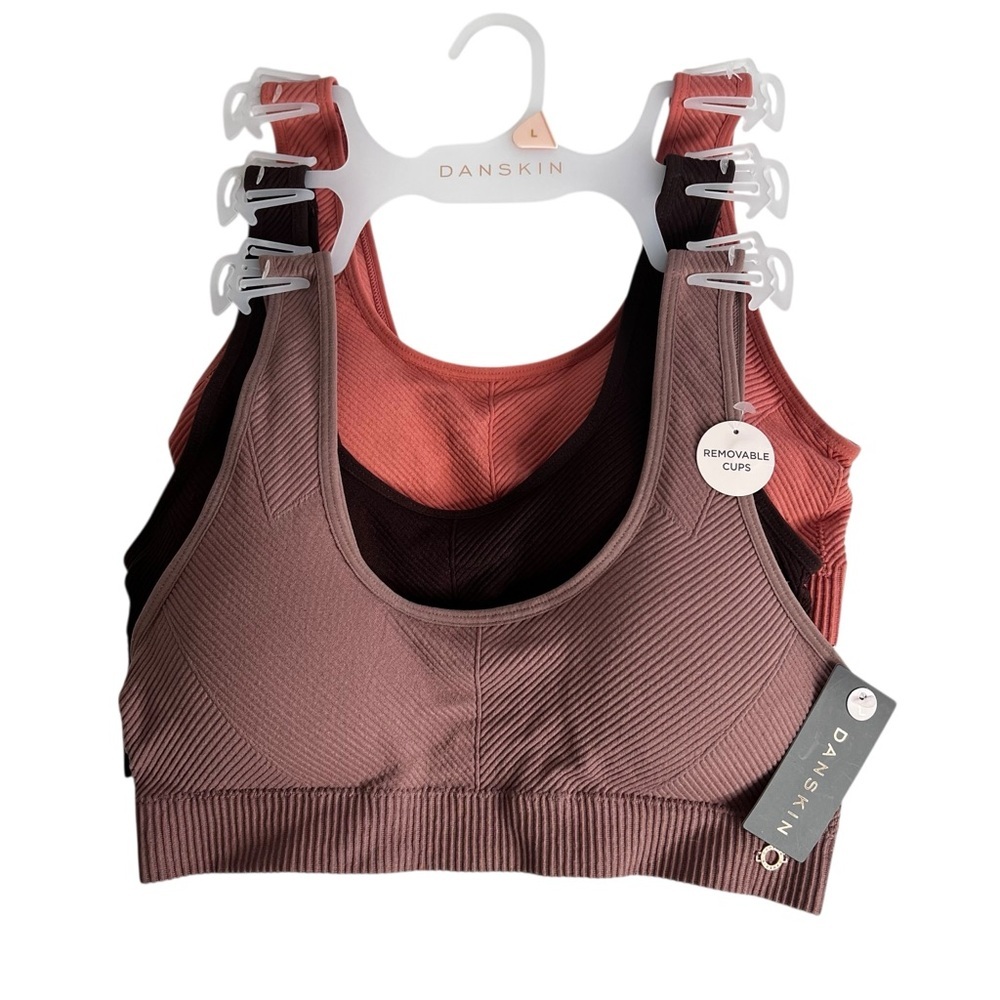 DANSKIN Women’s Comfort Bras Sz Large Lot/3 Removable Pads Multi Colors Pullover